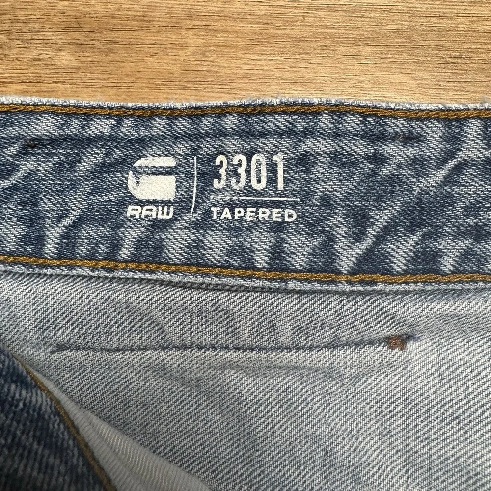 G-Star Raw 3301 Tapered Jeans Mens 27x30 Light Blue Distressed‎ Button Fly Pants
